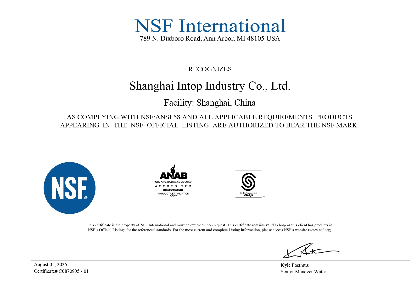 INTOP AQUA features advanced integrated water systems, integrated filter cartridges, high-efficiency chlorine removal, comprehensive purification, and water-saving technologies. Our nearly 50,000-square-meter modern water appliance production facility houses a comprehensive manufacturing system encompassing product design, mold development, injection molding, filter cartridges, component production, and final assembly. We adhere to strict industry-standard manufacturing processes and conduct rigorous quality testing. We have obtained TUV factory certification, NSF equipment certification, CE certification, and other international certifications, ensuring product quality and technological leadership.